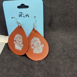 Hand Crafted Dangle Earring Faux Leather Brown and Silver Snowman